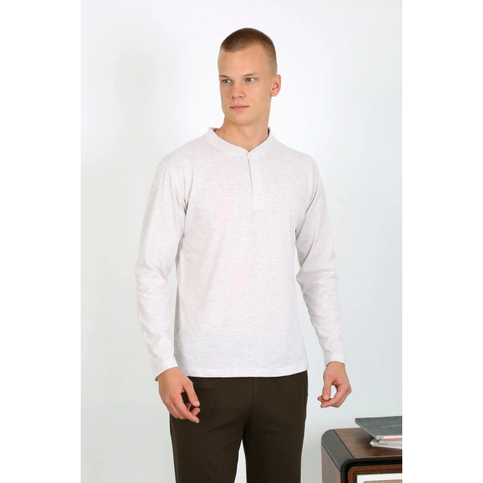 Moda Çizgi Erkek Penye Uzun Kol Pijama Takımı 6860 Ekru