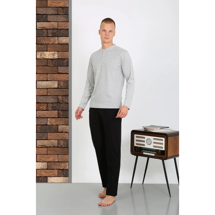 Moda Çizgi Erkek Penye Uzun Kol Pijama Takımı 6860 GRİ