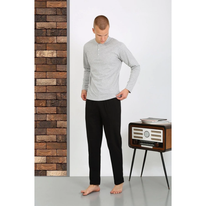 Moda Çizgi Erkek Penye Uzun Kol Pijama Takımı 6860 GRİ
