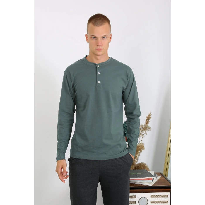 Moda Çizgi Erkek Penye Uzun Kol Pijama Takımı 6860 Haki