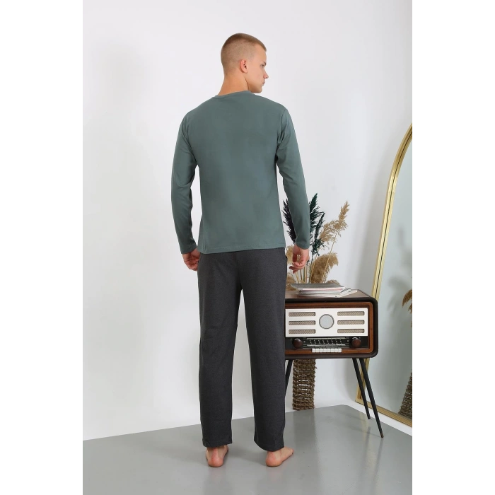 Moda Çizgi Erkek Penye Uzun Kol Pijama Takımı 6860 Haki