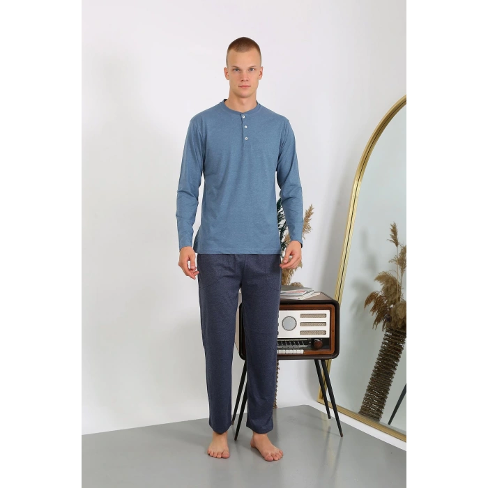 Moda Çizgi Erkek Penye Uzun Kol Pijama Takımı 6860 İndigo