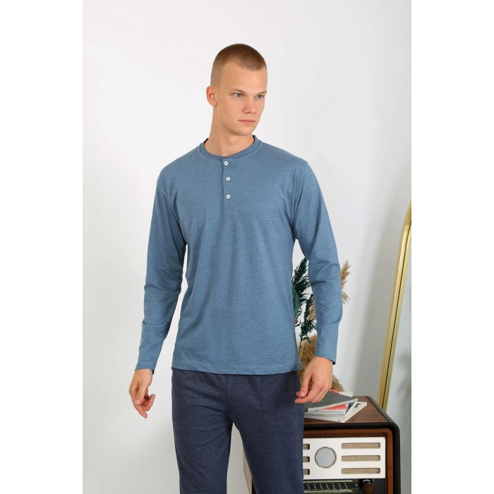 Moda Çizgi Erkek Penye Uzun Kol Pijama Takımı 6860 İndigo