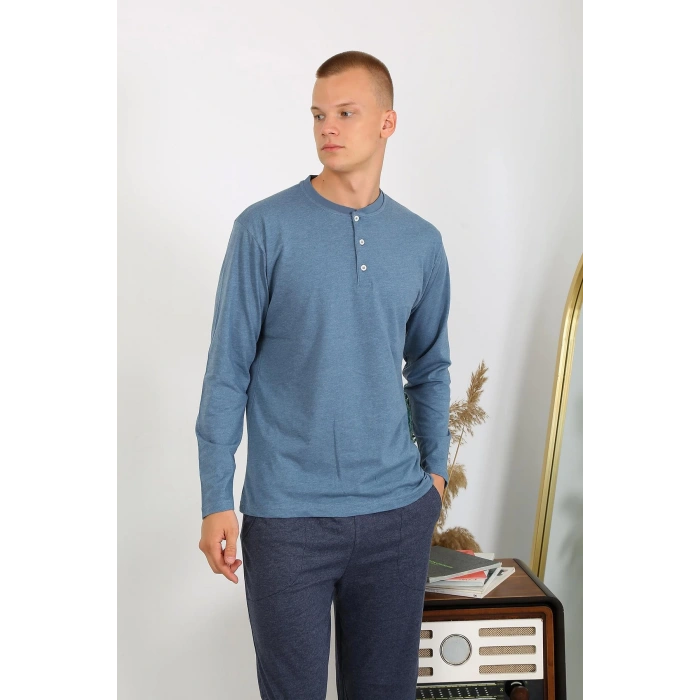 Moda Çizgi Erkek Penye Uzun Kol Pijama Takımı 6860 İndigo