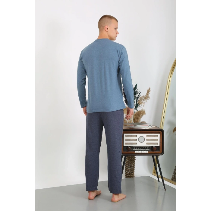 Moda Çizgi Erkek Penye Uzun Kol Pijama Takımı 6860 İndigo