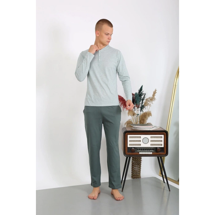 Moda Çizgi Erkek Penye Uzun Kol Pijama Takımı 6860 Su Yeşili