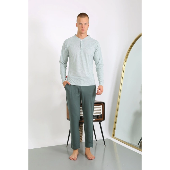 Moda Çizgi Erkek Penye Uzun Kol Pijama Takımı 6860 Su Yeşili