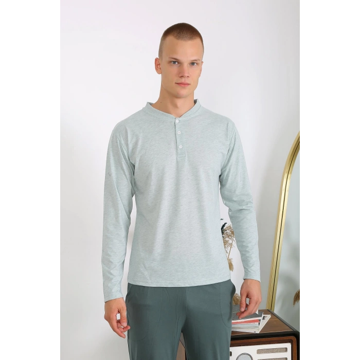 Moda Çizgi Erkek Penye Uzun Kol Pijama Takımı 6860 Su Yeşili