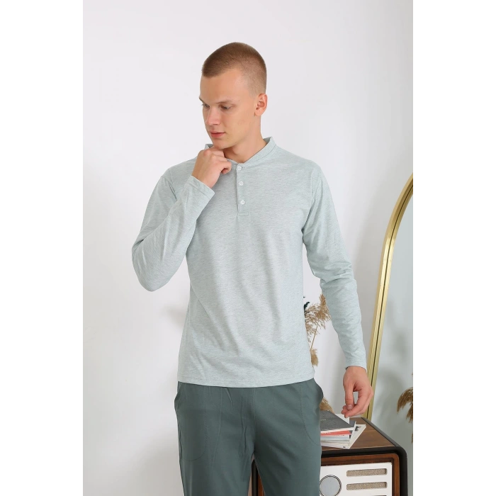 Moda Çizgi Erkek Penye Uzun Kol Pijama Takımı 6860 Su Yeşili