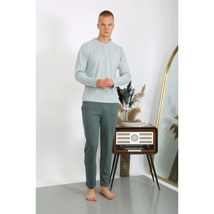Moda Çizgi Erkek Penye Uzun Kol Pijama Takımı 6860 Su Yeşili