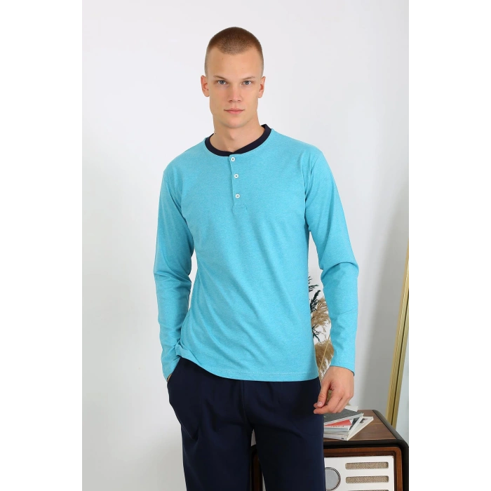 Moda Çizgi Erkek Penye Uzun Kol Pijama Takımı 6860 Turkuaz