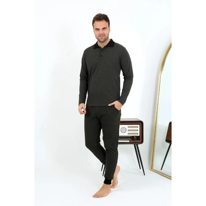 Moda Çizgi Erkek Polo Yaka Uzun Kol Penye Pijama Takımı 6862 Haki