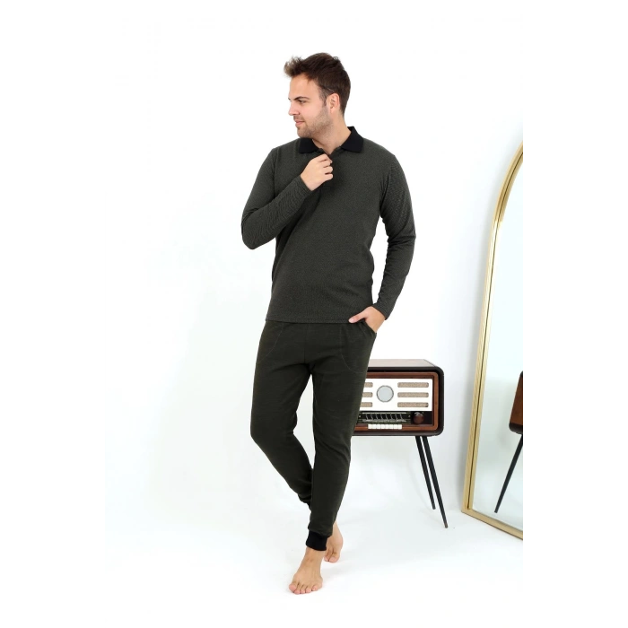 Moda Çizgi Erkek Polo Yaka Uzun Kol Penye Pijama Takımı 6862 Haki