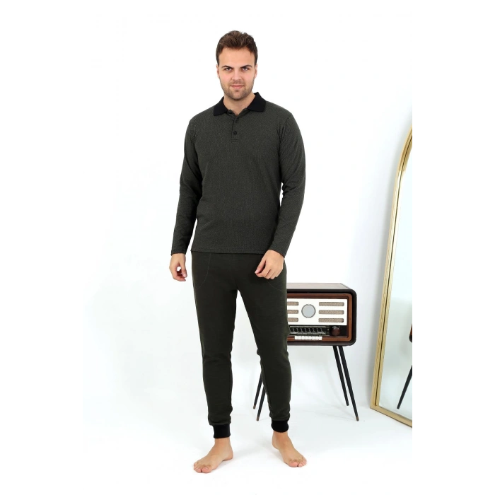 Moda Çizgi Erkek Polo Yaka Uzun Kol Penye Pijama Takımı 6862 Haki