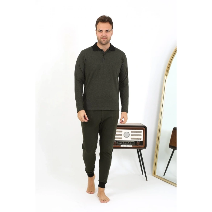 Moda Çizgi Erkek Polo Yaka Uzun Kol Penye Pijama Takımı 6862 Haki
