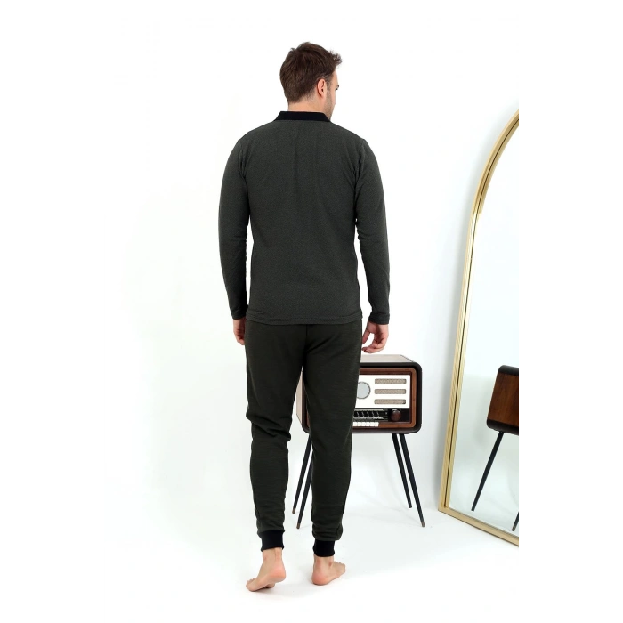 Moda Çizgi Erkek Polo Yaka Uzun Kol Penye Pijama Takımı 6862 Haki