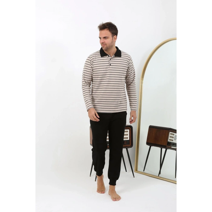 Moda Çizgi Erkek Polo Yaka Uzun Kol Penye Pijama Takımı 6862 Krem