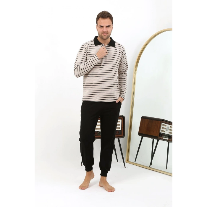 Moda Çizgi Erkek Polo Yaka Uzun Kol Penye Pijama Takımı 6862 Krem