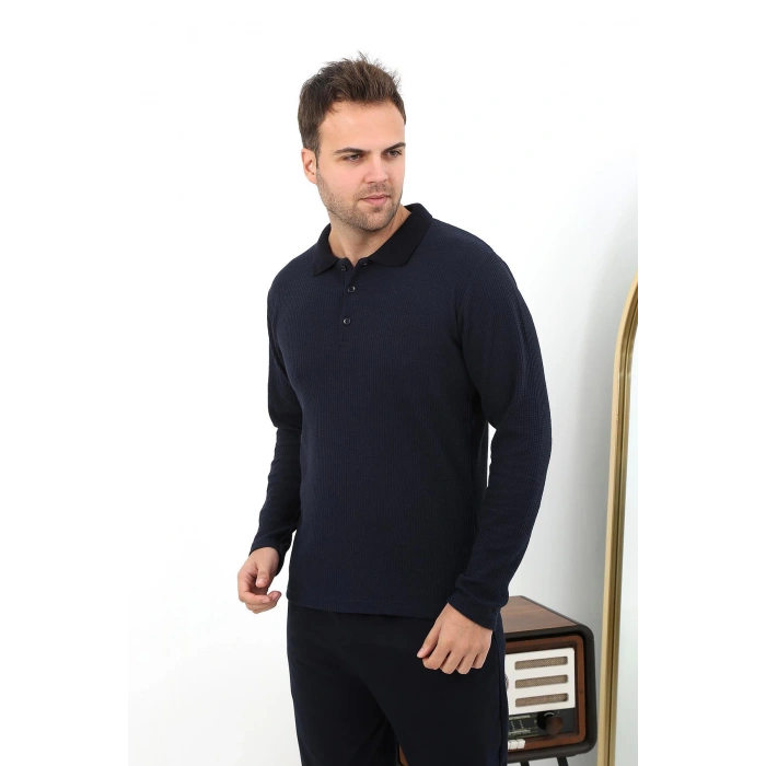 Moda Çizgi Erkek Polo Yaka Uzun Kol Penye Pijama Takımı 6862 Lacivert