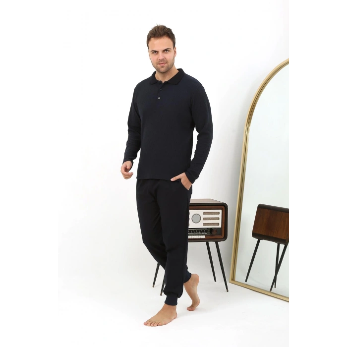 Moda Çizgi Erkek Polo Yaka Uzun Kol Penye Pijama Takımı 6862 Lacivert