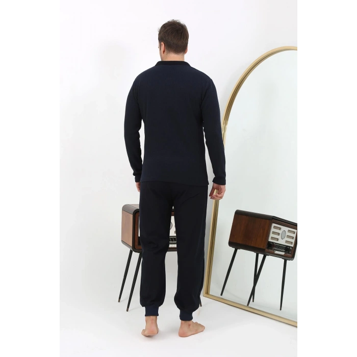 Moda Çizgi Erkek Polo Yaka Uzun Kol Penye Pijama Takımı 6862 Lacivert