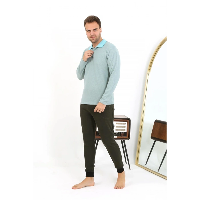 Moda Çizgi Erkek Polo Yaka Uzun Kol Penye Pijama Takımı 6862 Su Yeşili