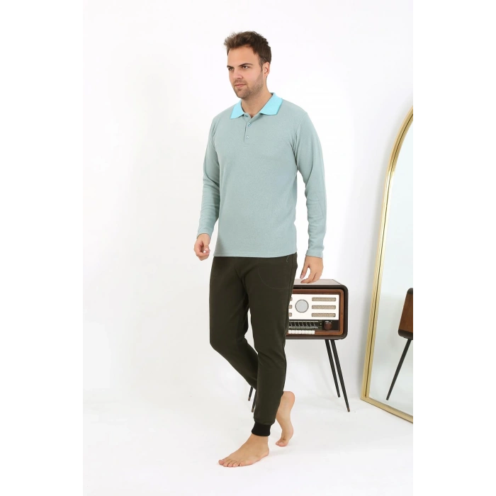 Moda Çizgi Erkek Polo Yaka Uzun Kol Penye Pijama Takımı 6862 Su Yeşili