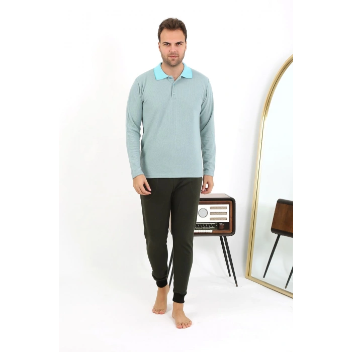 Moda Çizgi Erkek Polo Yaka Uzun Kol Penye Pijama Takımı 6862 Su Yeşili