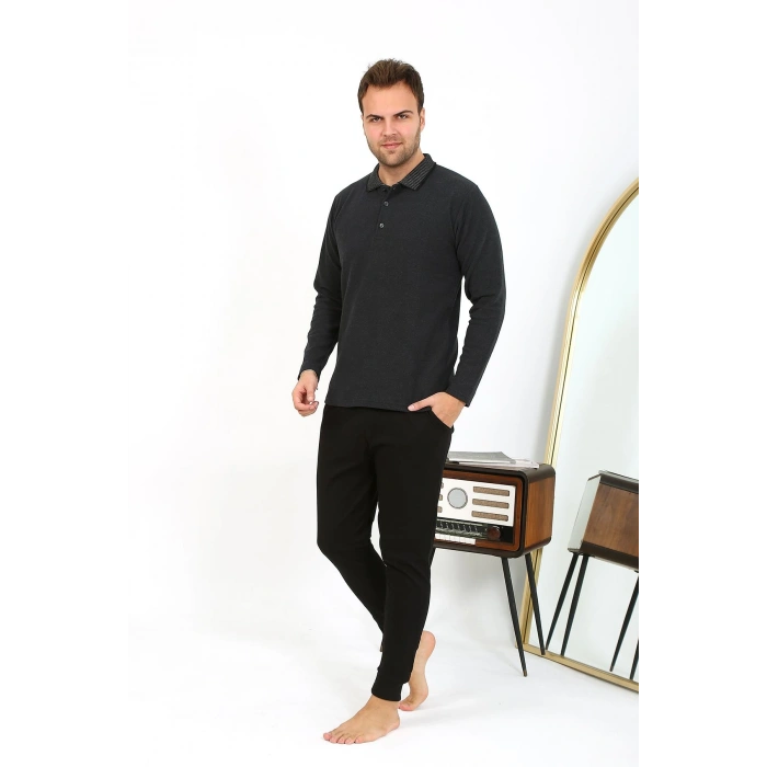 Moda Çizgi Erkek Polo Yaka Uzun Kol Penye Pijama Takımı Antrasit 6865