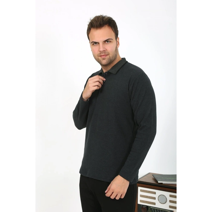 Moda Çizgi Erkek Polo Yaka Uzun Kol Penye Pijama Takımı Antrasit 6865
