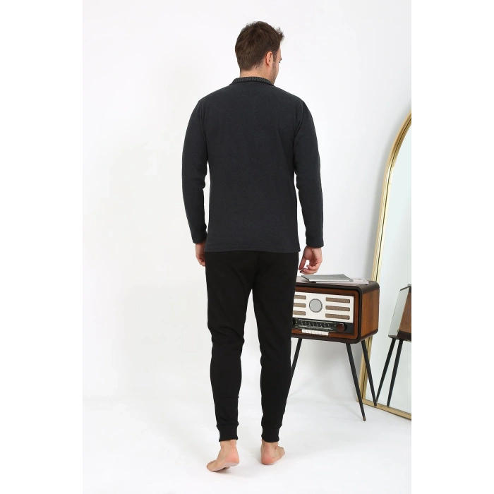 Moda Çizgi Erkek Polo Yaka Uzun Kol Penye Pijama Takımı Antrasit 6865