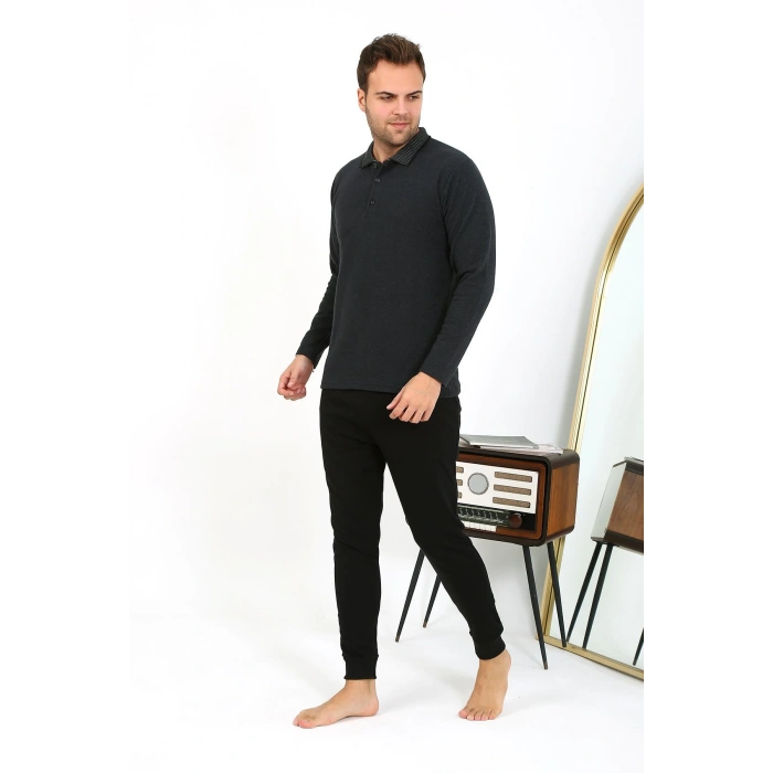 Moda Çizgi Erkek Polo Yaka Uzun Kol Penye Pijama Takımı Antrasit 6865