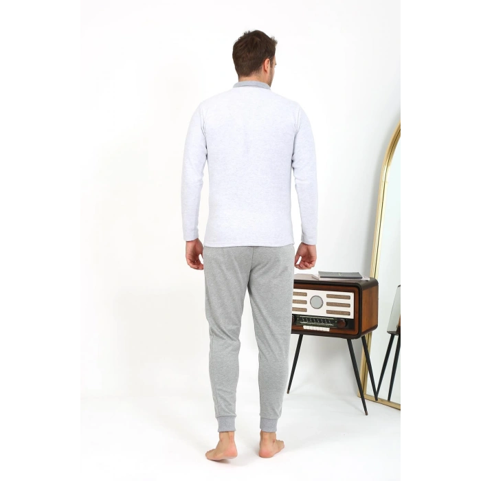 Moda Çizgi Erkek Polo Yaka Uzun Kol Penye Pijama Takımı Gri 6864