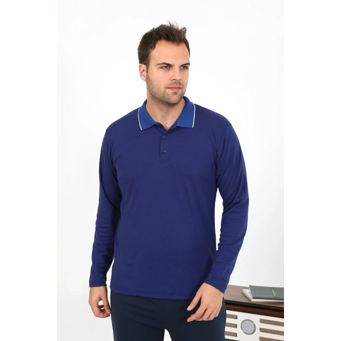 Moda Çizgi Erkek Polo Yaka Uzun Kol Penye Pijama Takımı Gri 6865