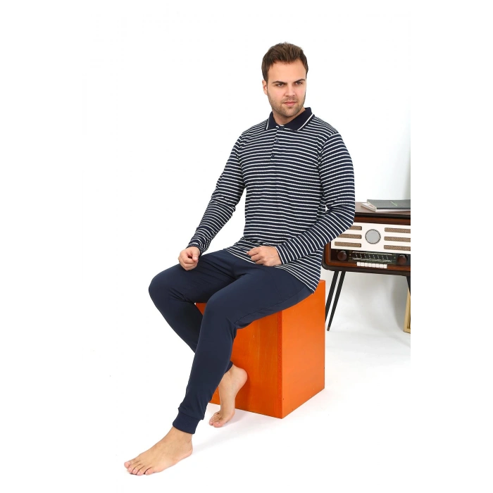 Moda Çizgi Erkek Polo Yaka Uzun Kol Penye Pijama Takımı Lacivert 6864