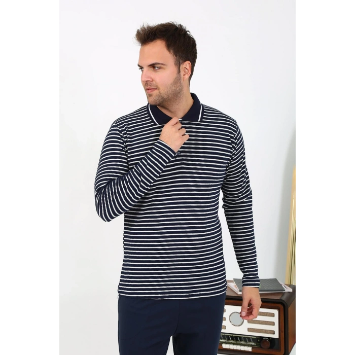 Moda Çizgi Erkek Polo Yaka Uzun Kol Penye Pijama Takımı Lacivert 6864