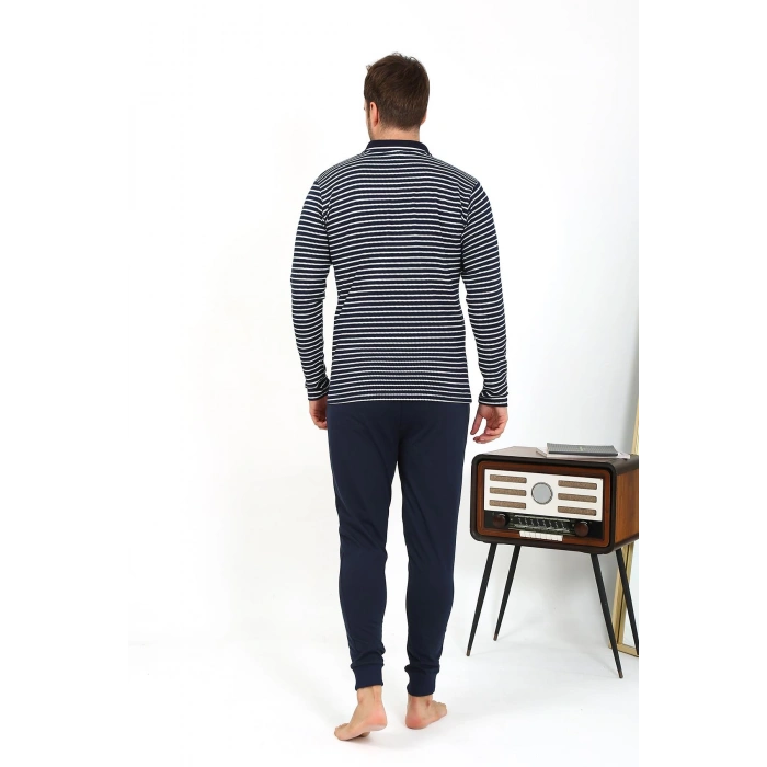 Moda Çizgi Erkek Polo Yaka Uzun Kol Penye Pijama Takımı Lacivert 6864
