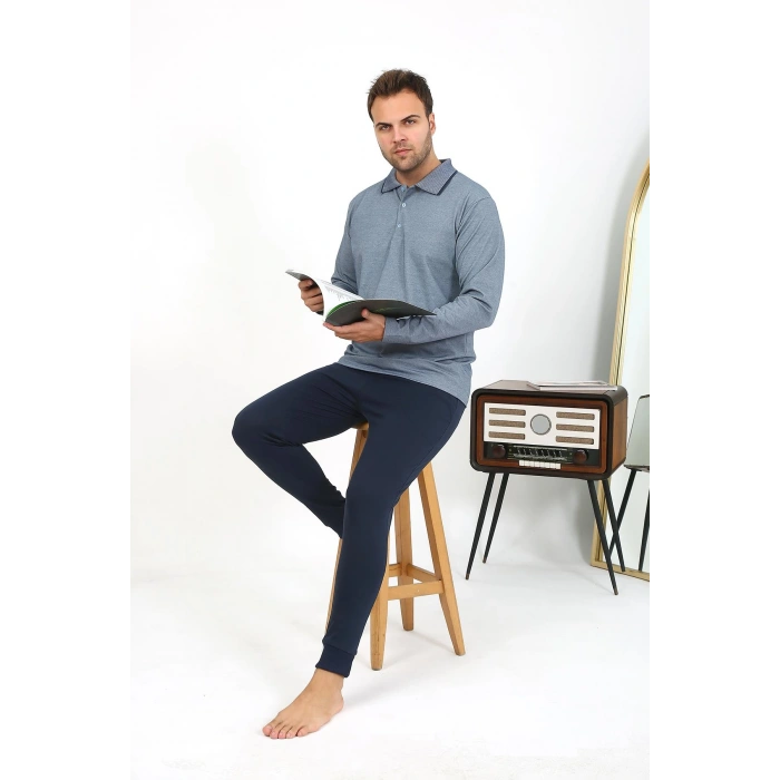 Moda Çizgi Erkek Polo Yaka Uzun Kol Penye Pijama Takımı Lacivert 6865