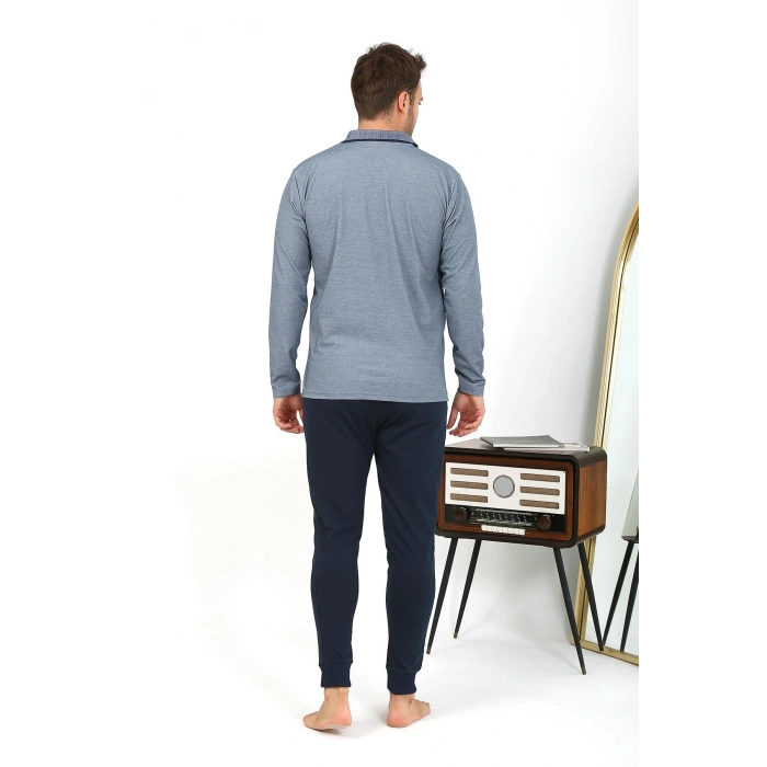 Moda Çizgi Erkek Polo Yaka Uzun Kol Penye Pijama Takımı Lacivert 6865
