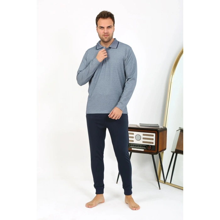 Moda Çizgi Erkek Polo Yaka Uzun Kol Penye Pijama Takımı Lacivert 6865