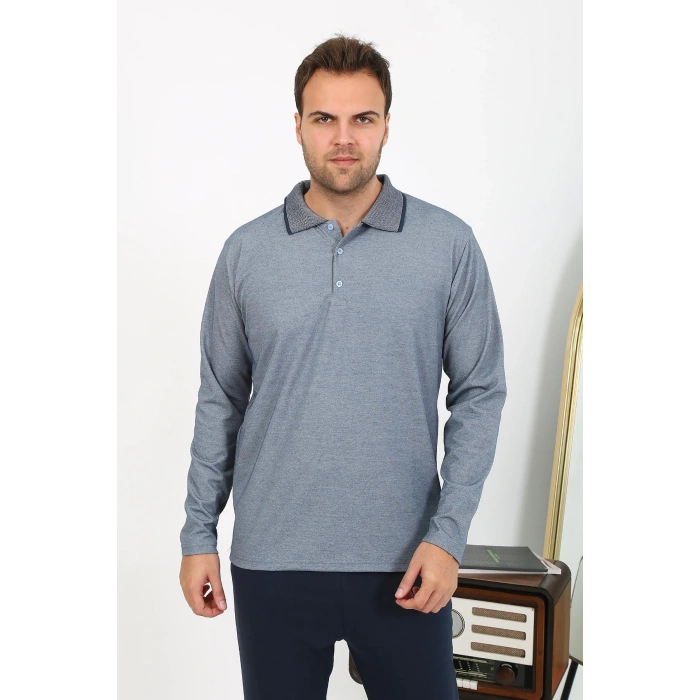 Moda Çizgi Erkek Polo Yaka Uzun Kol Penye Pijama Takımı Lacivert 6865