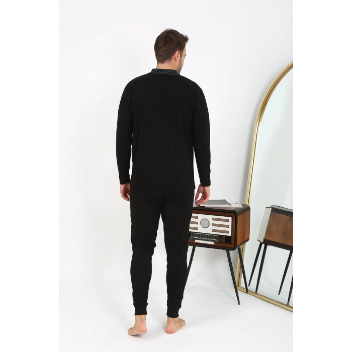 Moda Çizgi Erkek Polo Yaka Uzun Kol Penye Pijama Takımı Siyah 6864