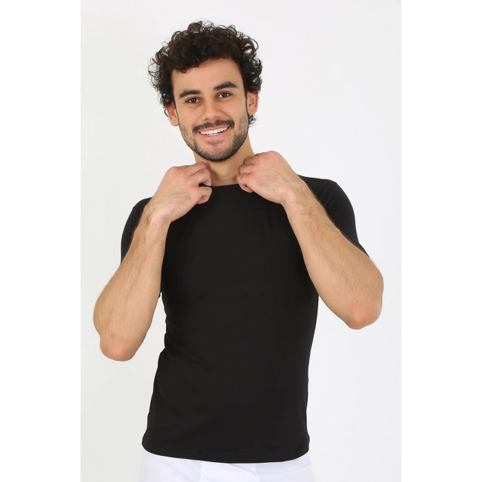 Moda Çizgi Erkek Sıfır Yaka Likralı Siyah T-Shirt 65710