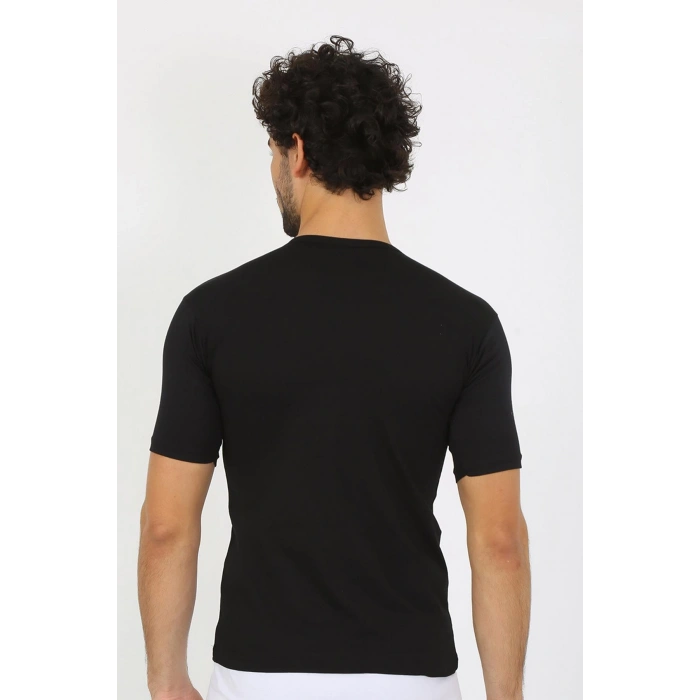 Moda Çizgi Erkek Sıfır Yaka Likralı Siyah T-Shirt 65710