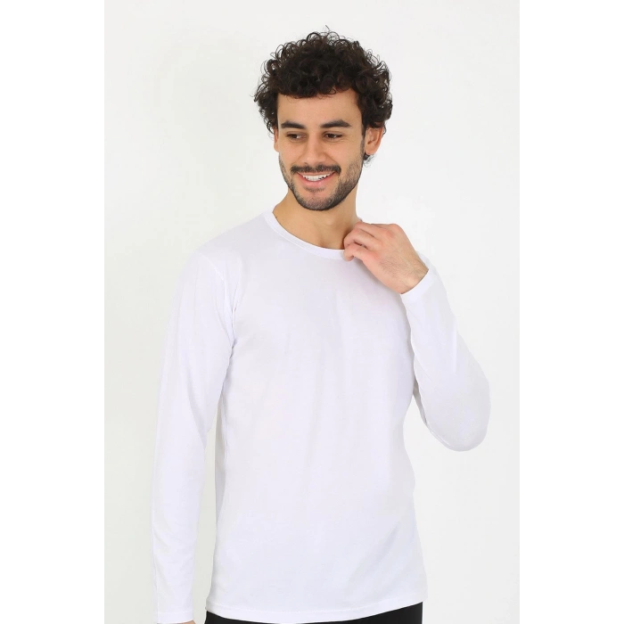 Moda Çizgi Erkek Sıfır Yaka Uzun Kol Beyaz Fanila 6590