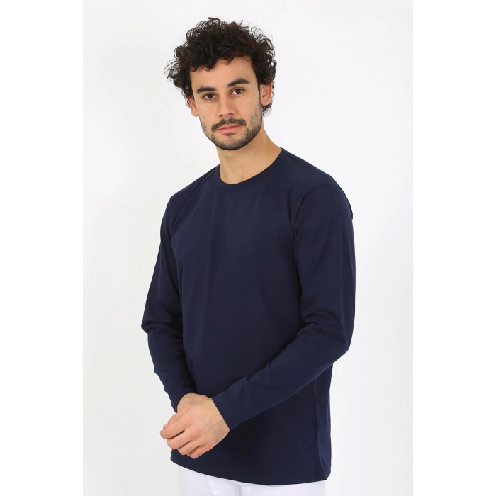 Moda Çizgi Erkek Sıfır Yaka Uzun Kol Lacivert Fanila 6590