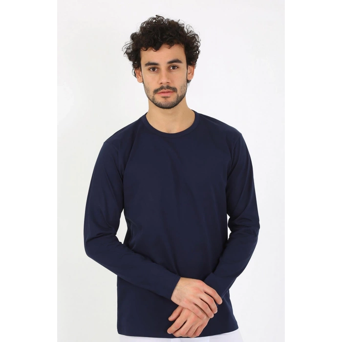 Moda Çizgi Erkek Sıfır Yaka Uzun Kol Lacivert Fanila 6590