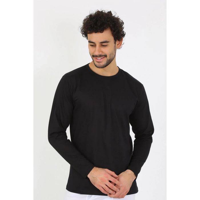 Moda Çizgi Erkek Sıfır Yaka Uzun Kol Siyah Fanila 6590