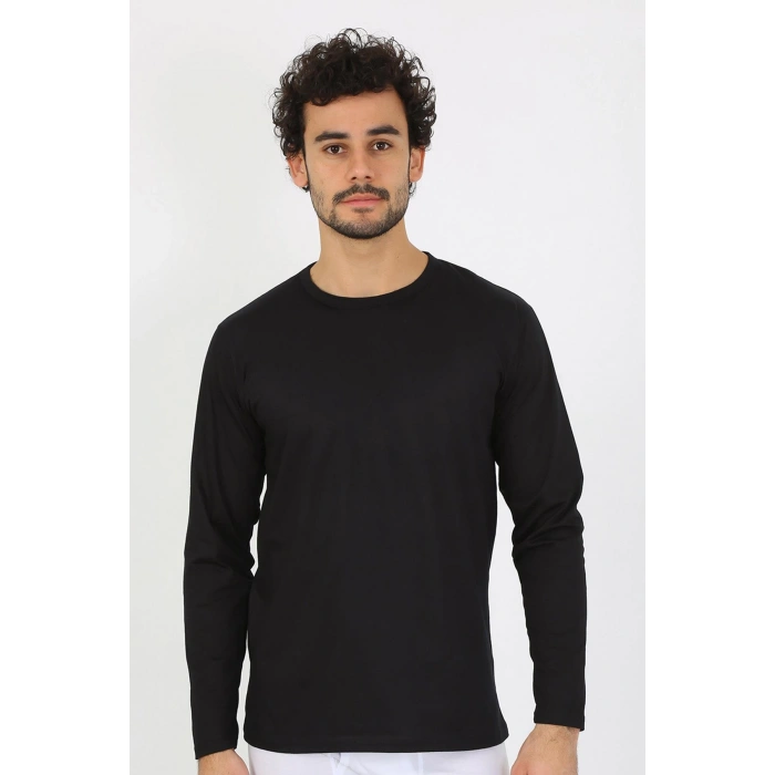 Moda Çizgi Erkek Sıfır Yaka Uzun Kol Siyah Fanila 6590