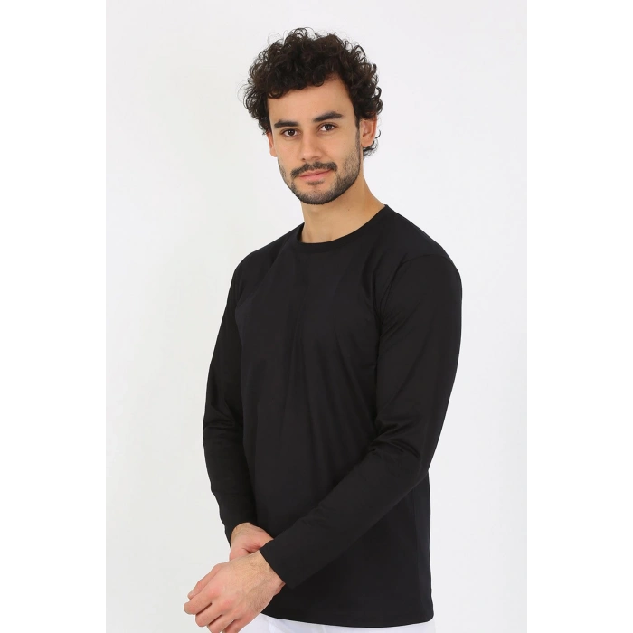 Moda Çizgi Erkek Sıfır Yaka Uzun Kol Siyah Fanila 6590